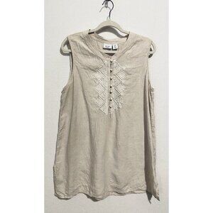 Antibes Blanc Top Womens XL Beige Embroidered Sleeveless Linen Tunic Boho